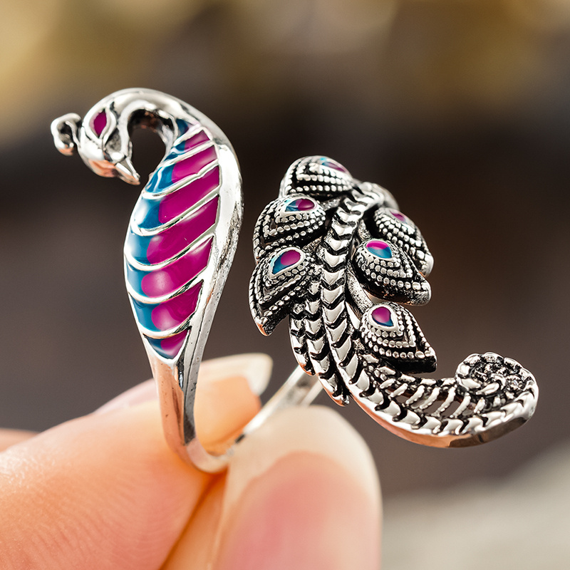 Women's Vintage Peacock Adjustable Open Rooster Ring